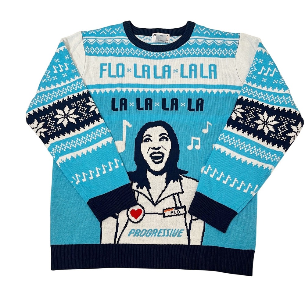 Progressive Flo La La La Ugly Christmas Sweater Mens XL Blue Holiday Musical